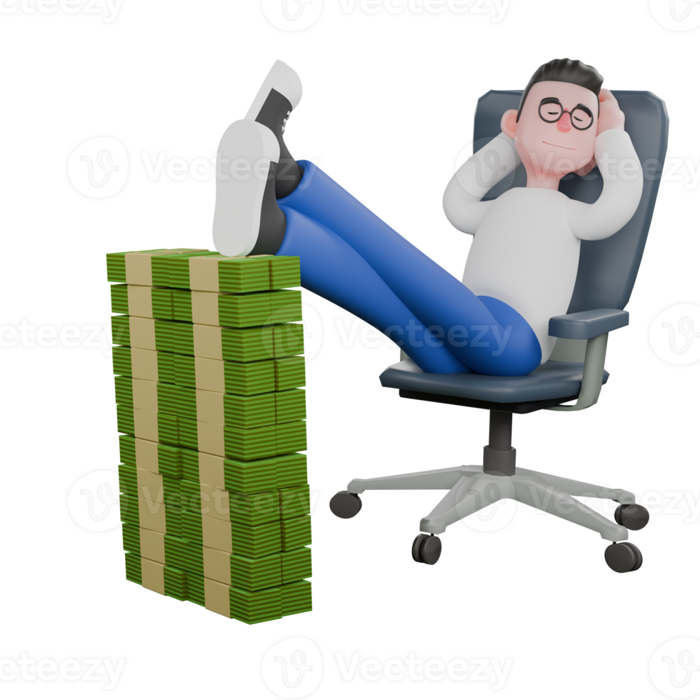 Editor in Cartoon Style 3D Model Illustration. A male editor is sitting on a chair with both hands behind his fist and both legs supporting the pile of money. Design png