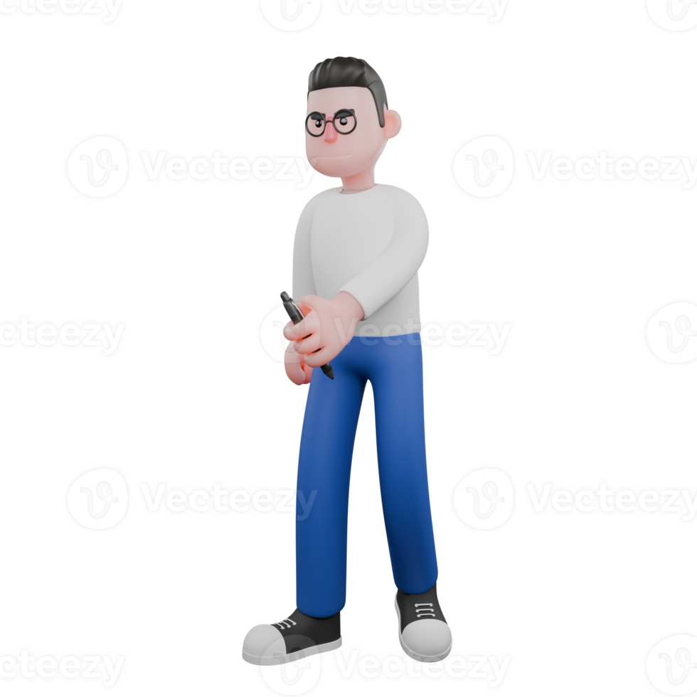 Professional Editing 3D Cartoon Model. A Male Editor walking with one hand holding a pen, happy expression serious on his face . Illustration Design png