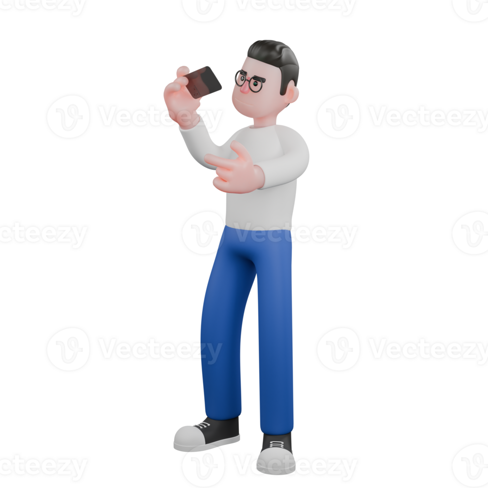 3D Model Cartoon Character for Editing. A Male Editor stands with his right hand holding an on cell phone and his left hand pointing forward. Design Character png