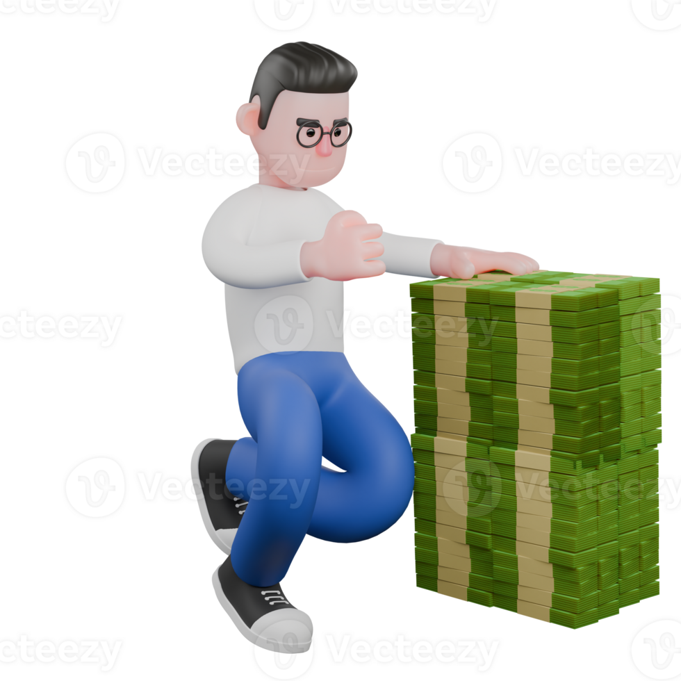 Professional Editing 3D Cartoon Model. A Editor squats in front of a pile of money and his left hand clenched. Illustration Design png