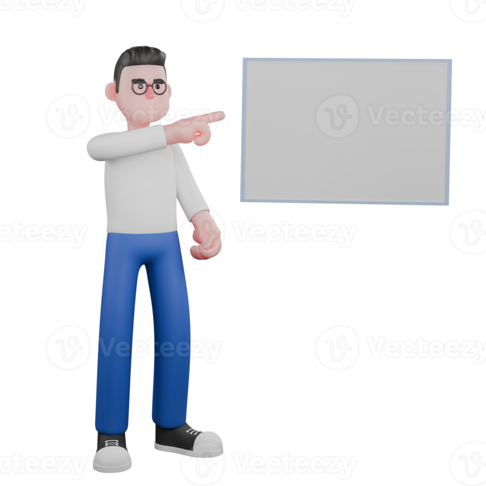 Editor in Cartoon Style 3D Model Illustration. A male editor stands next to a whiteboard with his right hand pointing towards the board. Design Character. png