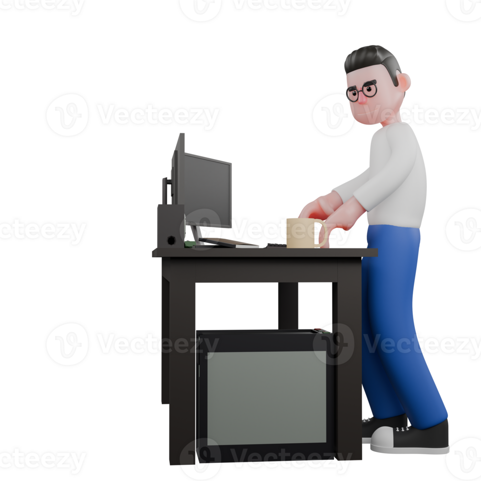 Cartoon Character 3D Model Editor Design. A Male Editor stands behind a desk with his hands on the desk while typing on the keyboard, serious expression. Professional Model png