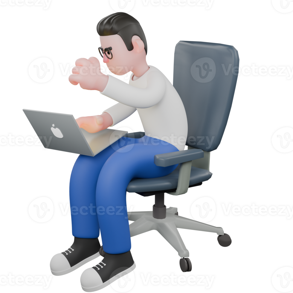 3d modelo desenho animado personagem para edição. uma masculino editor senta com uma computador portátil em dele colo e dele esquerda mão cerrado. ilustração Projeto png