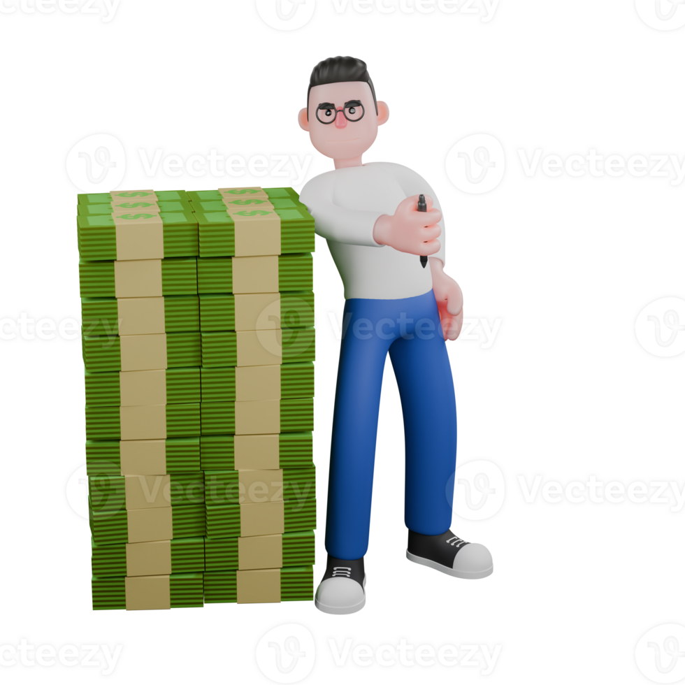 Cartoon Character 3D Model Editor Design. A Editor stands next to a pile of money with his right hand holding a ballpoint pen and his left hand on his waist. Illustration Design png