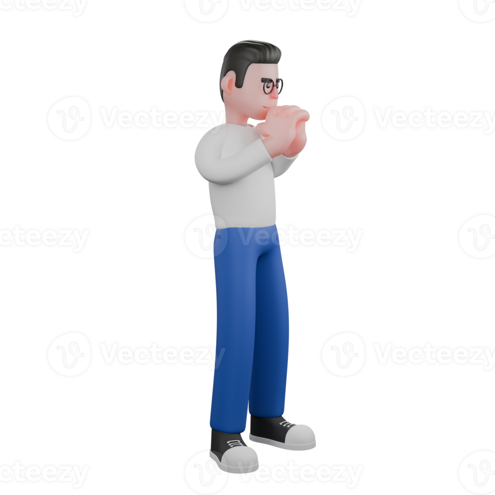 Editor Cartoon Character for Projects. A male editor stands with both hands held under his chin, showing a deep thinking expression. 3D Illustration Design png