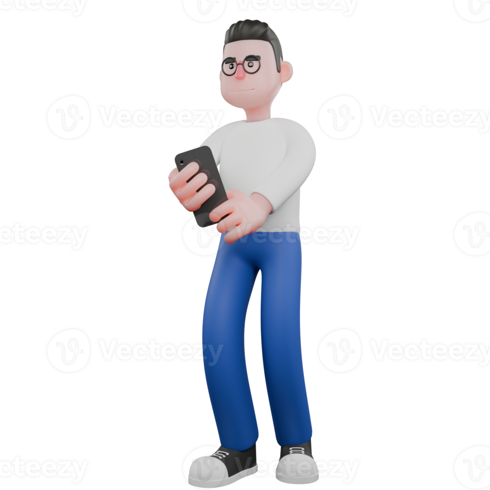 desenho animado personagem 3d modelo editor Projeto. uma masculino editor carrinhos com ambos mãos segurando uma celular, uma sorridente expressão. profissional modelo png