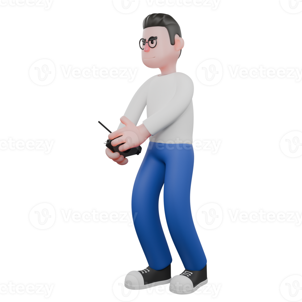 Editor in Cartoon Style 3D Model Illustration. A Male Editor stands facing right with both hands holding a remote control, eyes looking far ahead . Design Character png