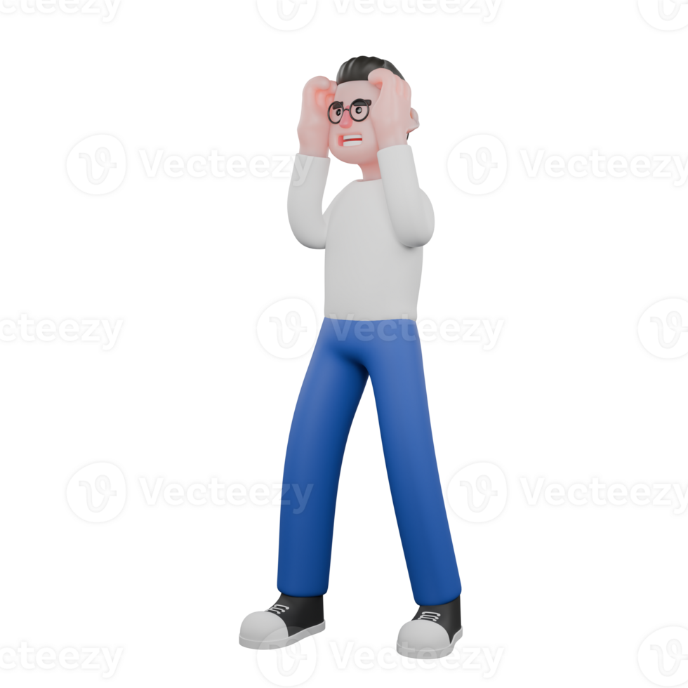 Professional Editing 3D Cartoon Model. A male editor stands with both hands beside his head, expression looking at something from afar . Illustration Design png