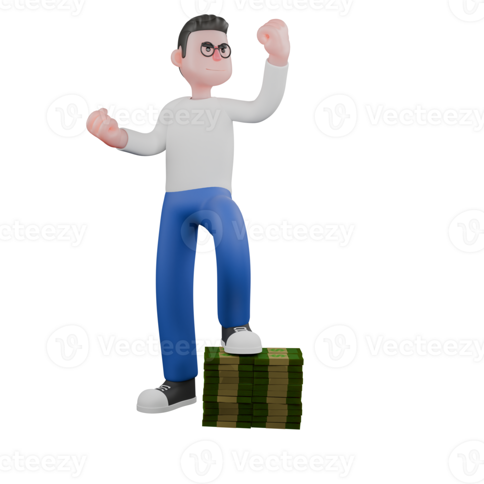Cartoon Character 3D Model Editor Design. A male editor stands with his left foot on a pile of money while both hands are clenched in the air, as if being a hero the strong one. Professional png