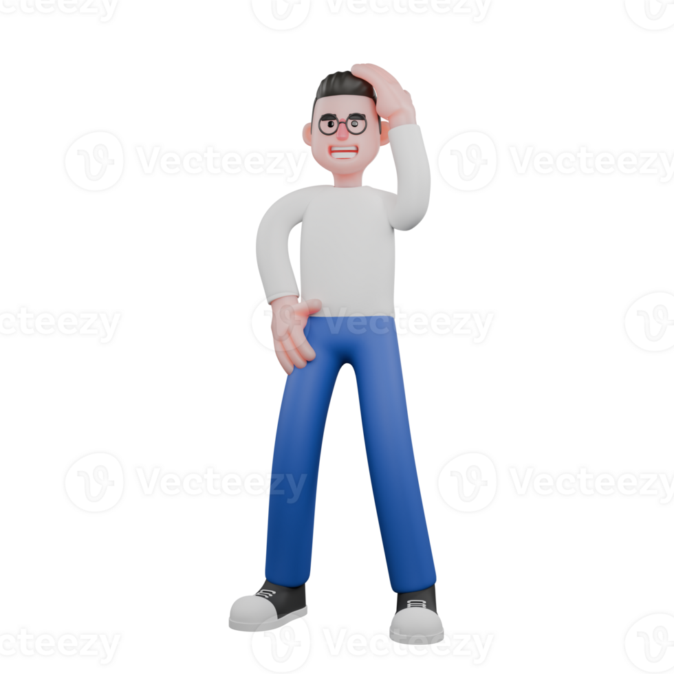 Professional Editing 3D Cartoon Model. A male editor stands with his left hand holding his head, and his right hand is on his waist, a forgetful expression . Illustration Design png