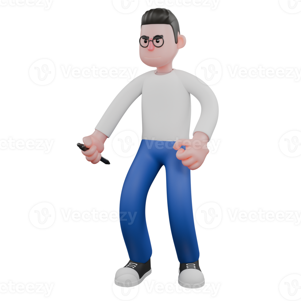 Cartoon Character 3D Model Editor Design. A Male Editor walking with one hand holding a pen, focused expression. Professional Model png