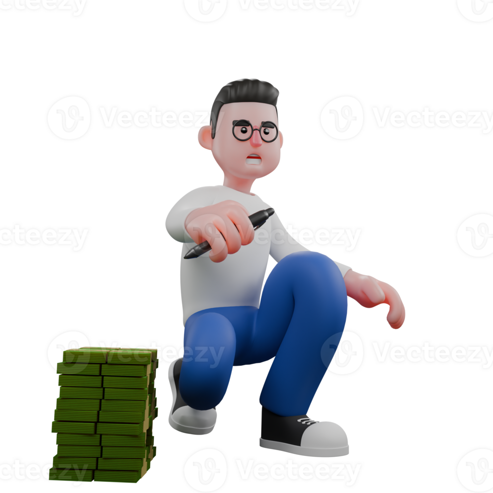 Cartoon Character 3D Model Editor Design. A Male Editor crouches next to a pile of money with a pen in his right hand. Professional Model png