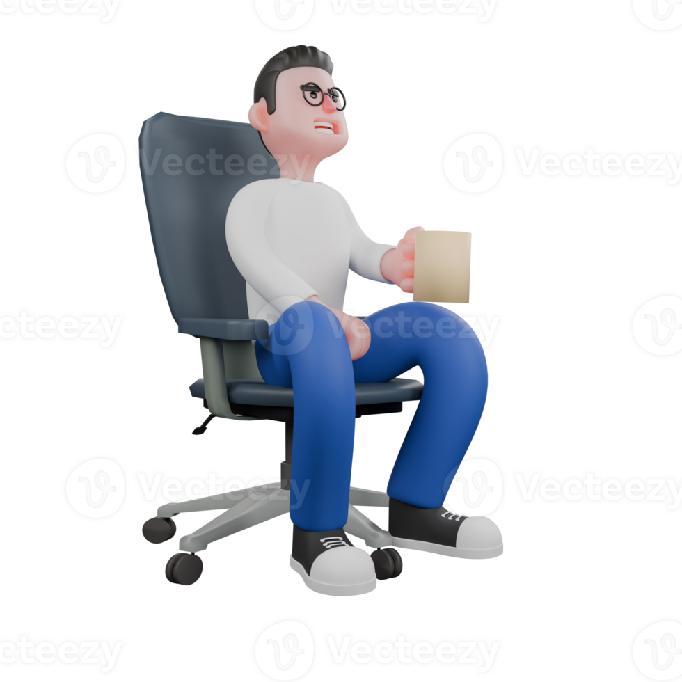 Cartoon Character 3D Model Editor Design. A male Editor sits on a chair with his left hand holding a cup of coffee and his right hand is on his thigh. Professional Model png