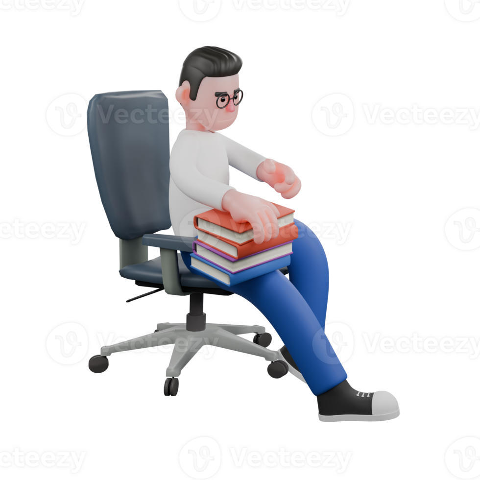 Creative Editor 3D Cartoon Character Design. A Editor sits with a pile of books on his lap. Design Character png