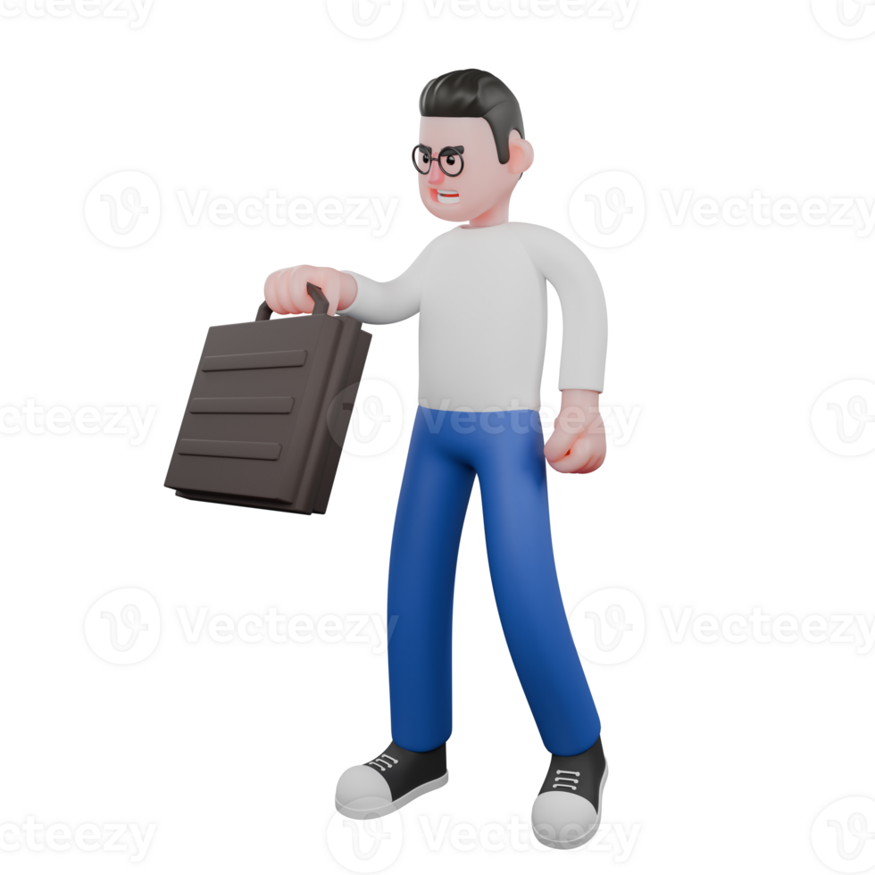 Editor in Cartoon Style 3D Model Illustration. A male Editor stands with one hand holding a briefcase while the other hand is clenched at his side. Design Character png