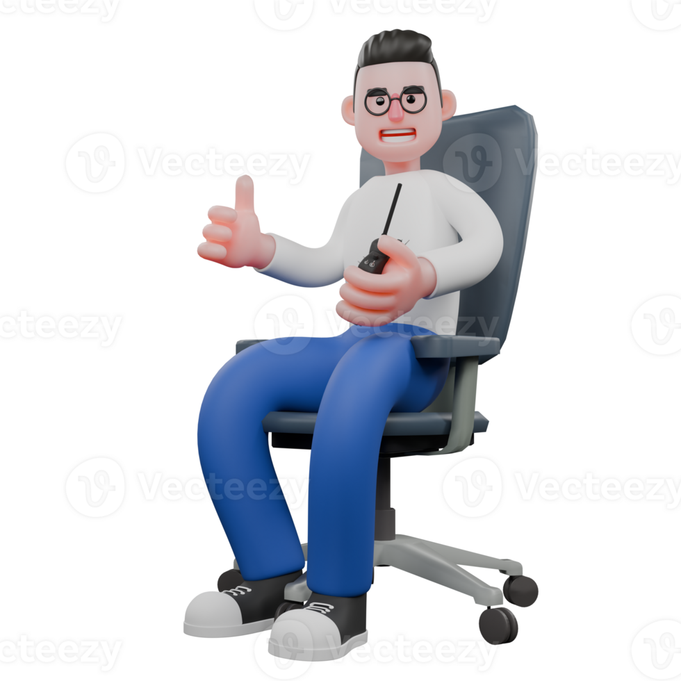 Cartoon Character 3D Model Editor Design. A male editor sits holding a remote in his left hand, and his right hand gives a thumbs up. Professional Model png