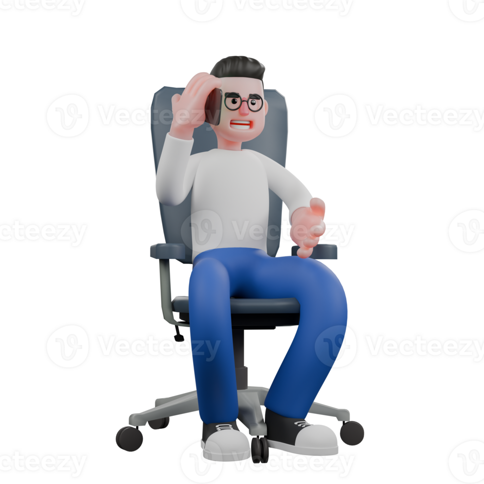 Editor in Cartoon Style 3D Model Illustration. A male editor sits on a chair with his right hand holding a telephone and holding it close to his ear, expression talking on the telephone . Character png