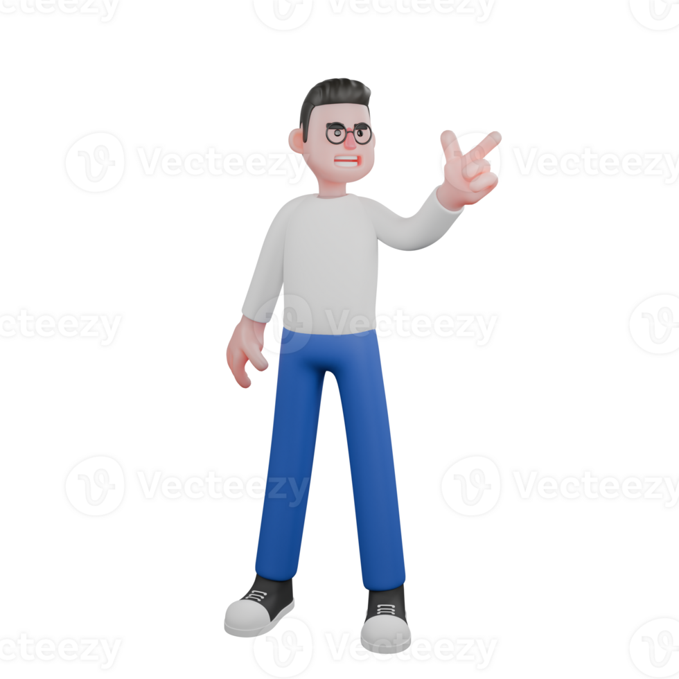 Professional Editing 3D Cartoon Model.A male Editor stands with his left hand pointing up while his right hand is at his side, serious expression. Illustration Design png