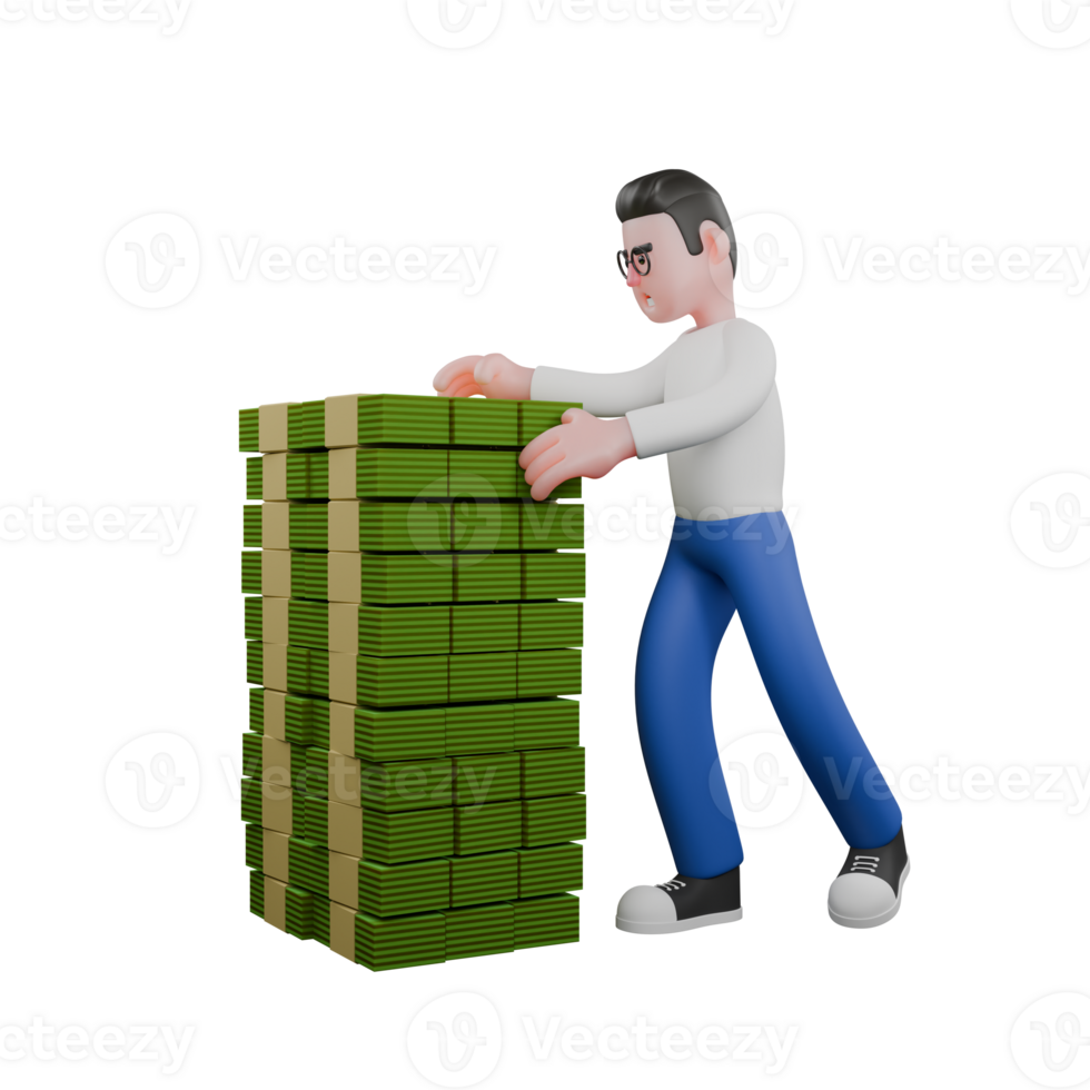 Editor in Cartoon Style 3D Model Illustration. A Male Editor stands next to a pile of money with both hands touching the pile of money . Design Character png