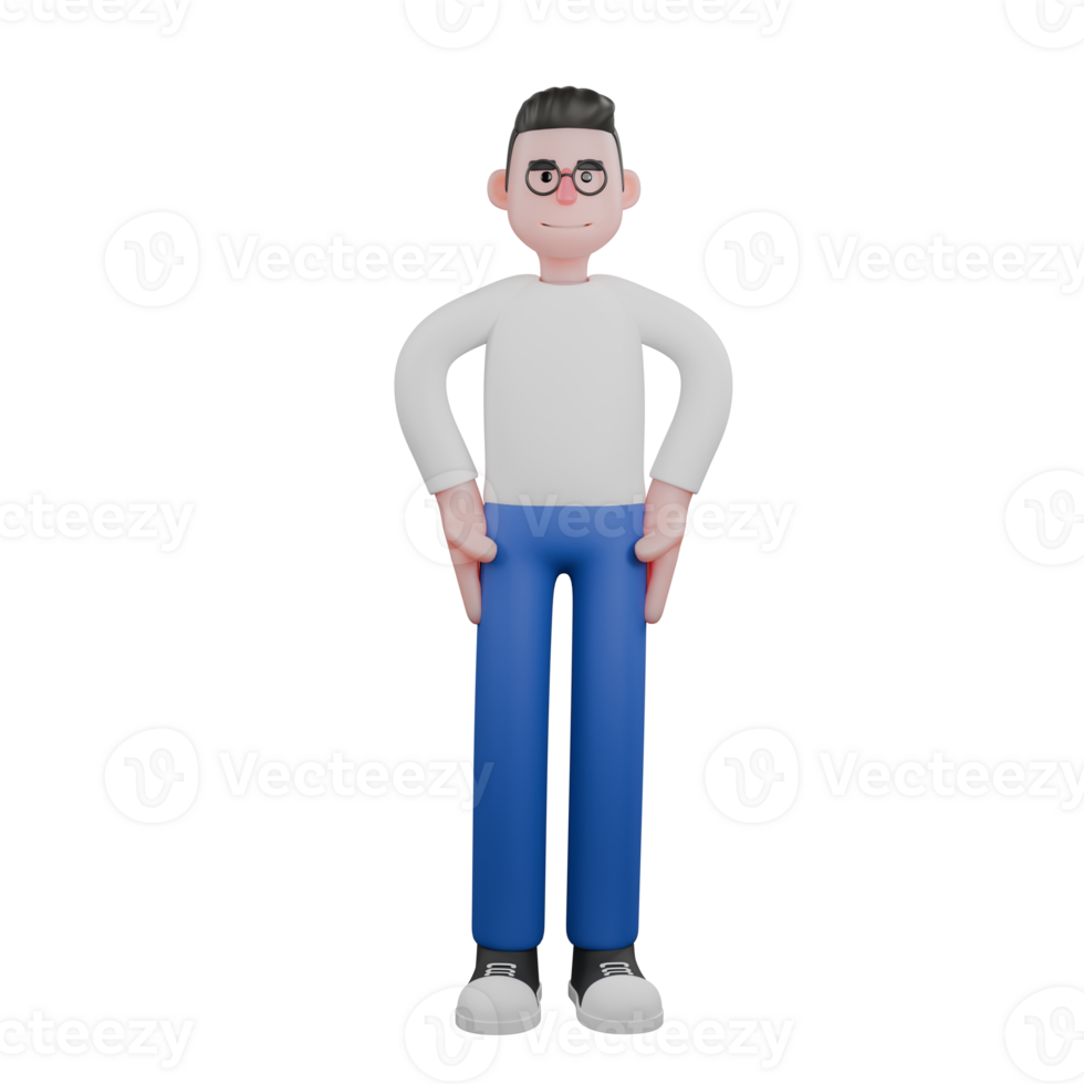 Professional Editing 3D Cartoon Model. A male editor stands with both hands on his waist, expression serious. Illustration Design png