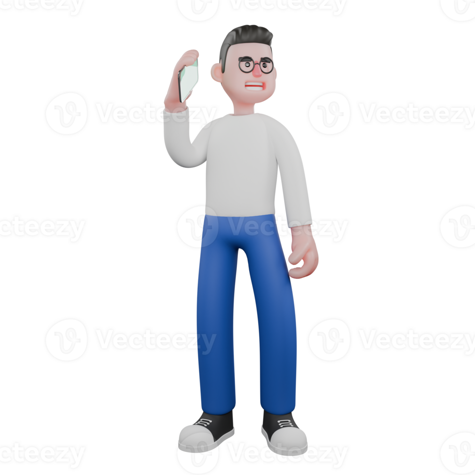 Cartoon Character 3D Model Editor Design. A male editor stands looking diagonally while holding a cellphone in his right hand Professional Model png