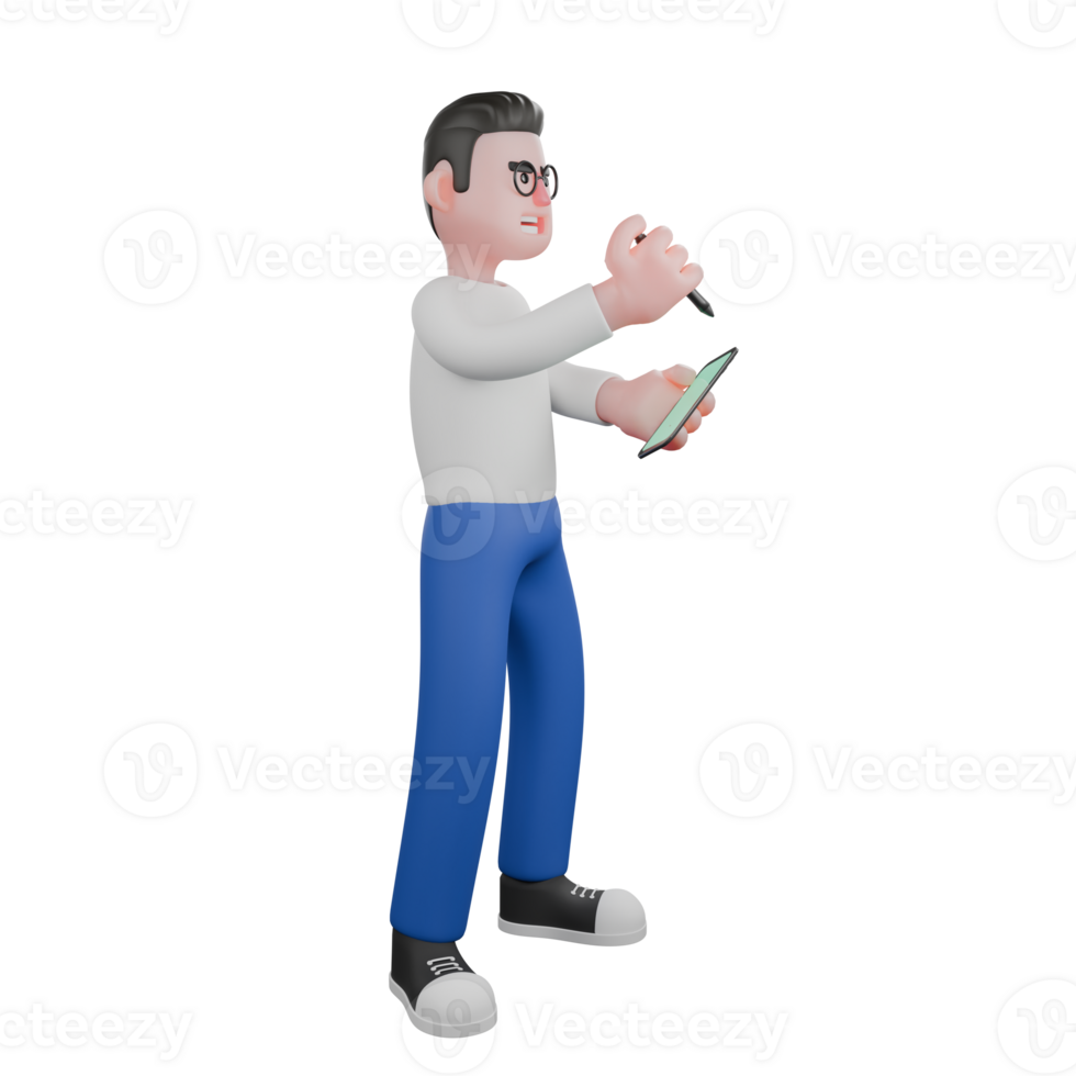 Professional Editing 3D Cartoon Model. A male Editor stands facing left with right hand holding a pen while other hand holding a phone. Illustration Design png