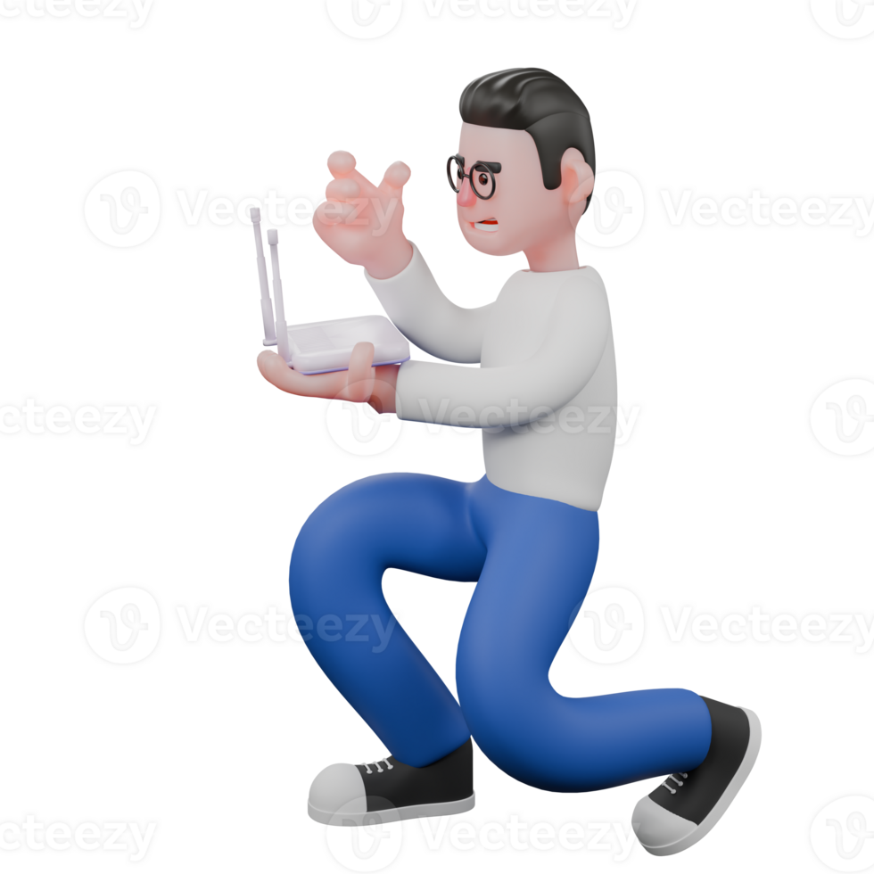Editor in Cartoon Style 3D Model Illustration. A male editor squats holding a wifi in his left hand, and his right hand looks like he wants to fix it . Design Character png