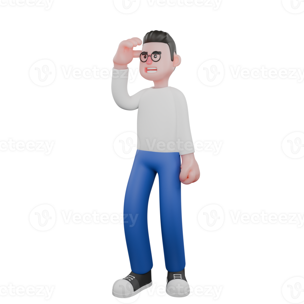 Professional Editing 3D Cartoon Model. A male editor stands with his right hand on his forehead, and his left hand is clenched as if looking at something . Illustration Design png