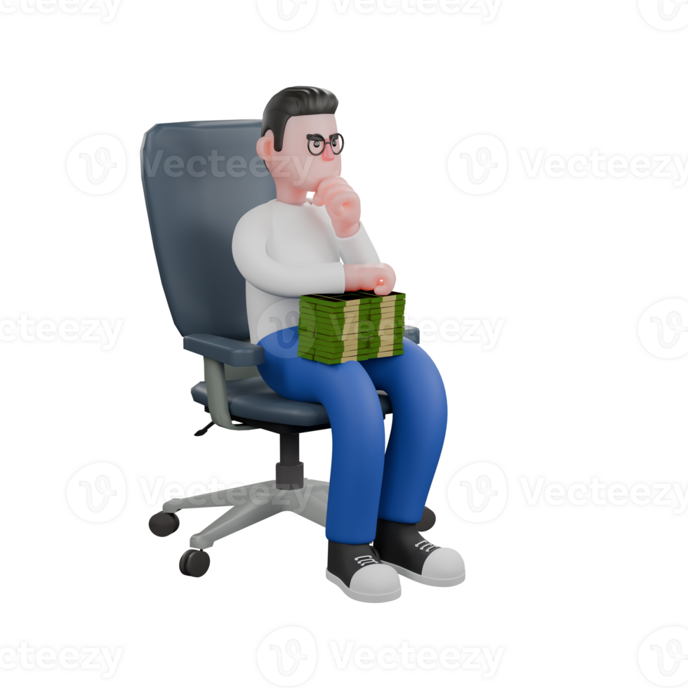 Editor in Cartoon Style 3D Model Illustration. A male editor sits on a chair with one hand holding money on his lap while the other hand holds his chin. Design Character png