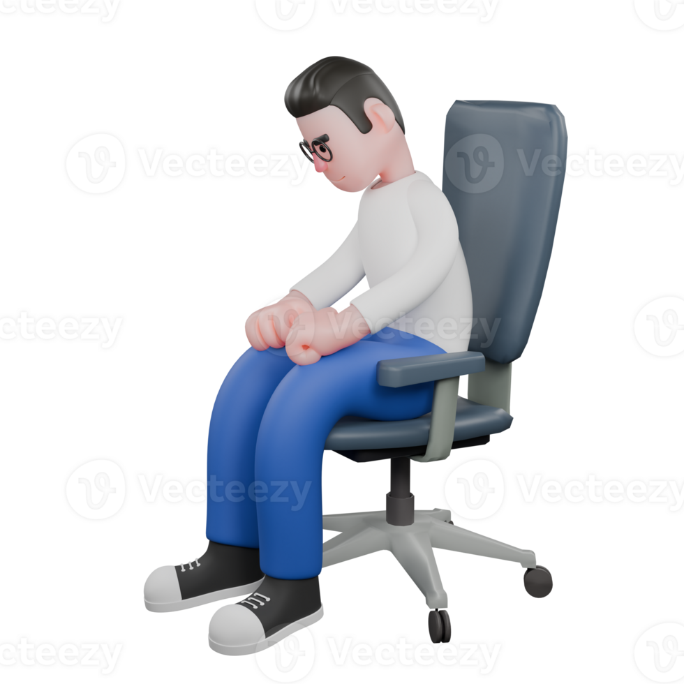 Cartoon Illustration Design of Editor 3D Character. A male editor sits on a chair with both hands on his lap, face slightly lowered, desperate expression. Professional Model png