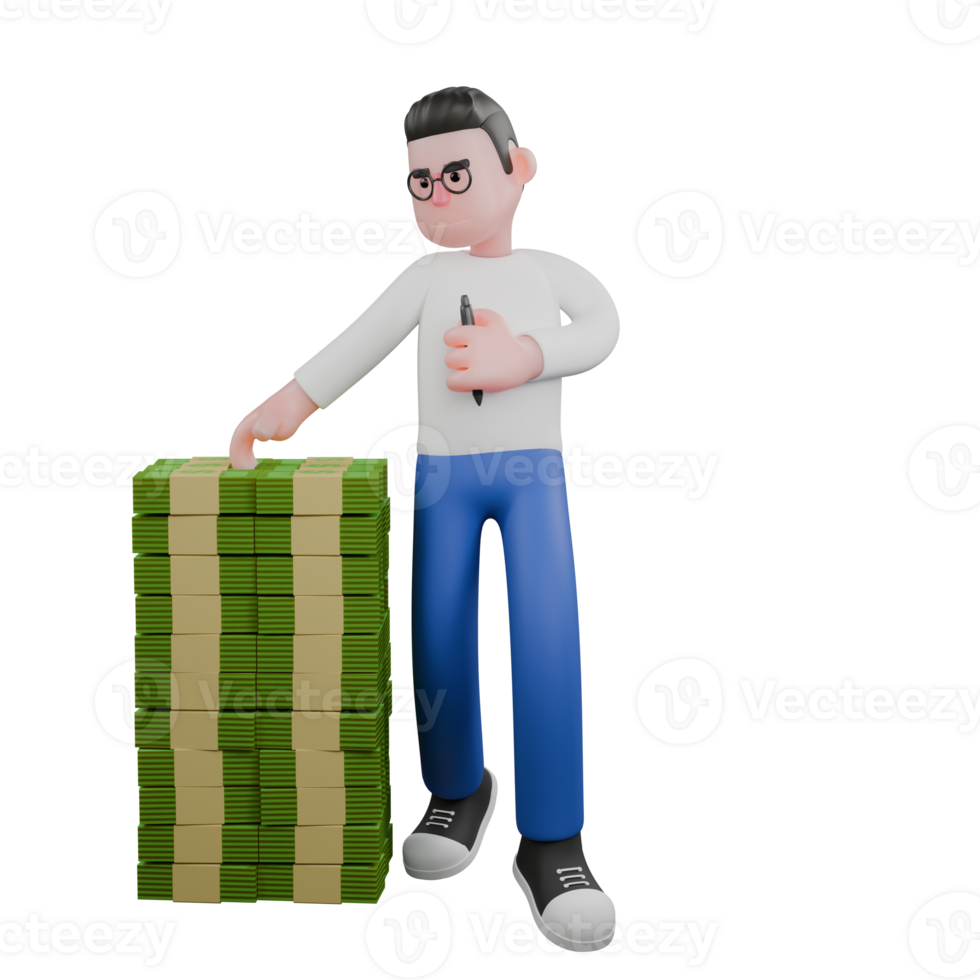3d modèle dessin animé personnage pour édition. une éditeur des stands suivant à une pile de argent avec le sien la gauche main en portant une à bille stylo. conception personnage png