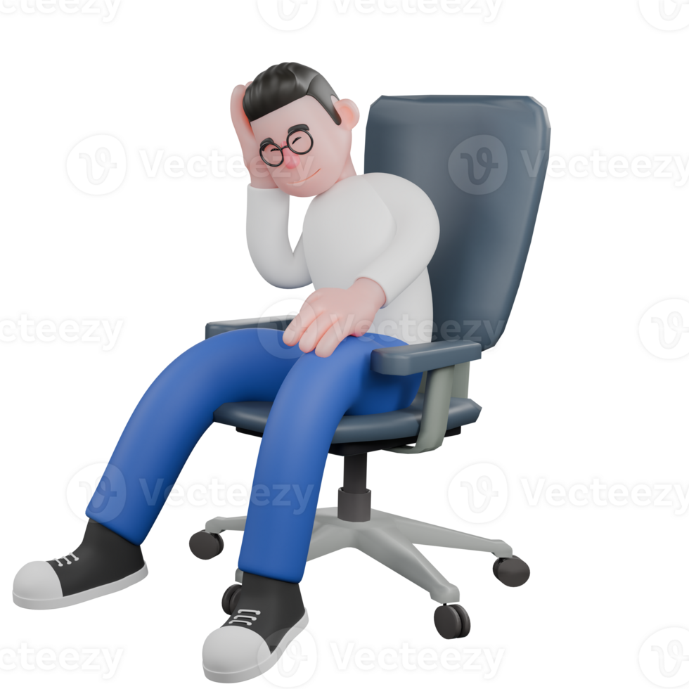 Editor in Cartoon Style 3D Model Illustration. A male editor is sitting on a chair with his right hand on his fist and his left hand on his knee. Professional Model. png