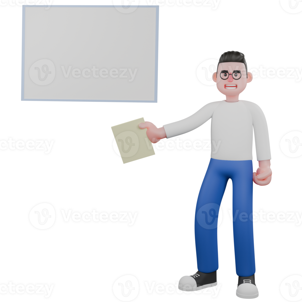 Editor in Cartoon Style 3D Model Illustration. A male editor stands next to a whiteboard holding paper in his right hand, and his left hand is clenched. Design Character. png