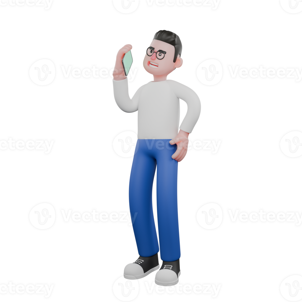 Cartoon Character 3D Model Editor Design. A male editor stands with his right hand holding a telephone, as if he wants to answer a telephone call Professional Model png