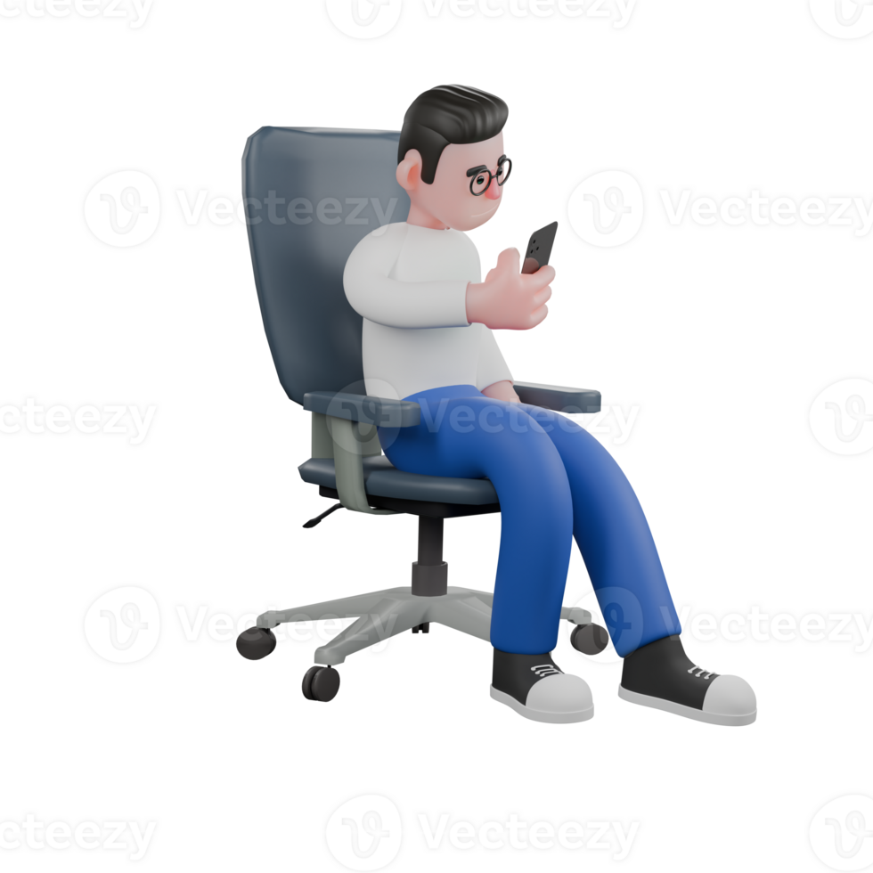 Cartoon Character 3D Model Editor Design. A Male Editor sits on a chair with his right hand holding a cellphone, expression focused. Illustration Design png