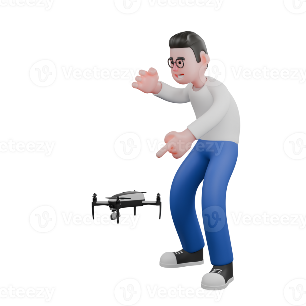 Editor in Cartoon Style 3D Model Illustration. A Editor stands with his right hand clenched and his left hand pointing at a drone below him. Professional Model. png