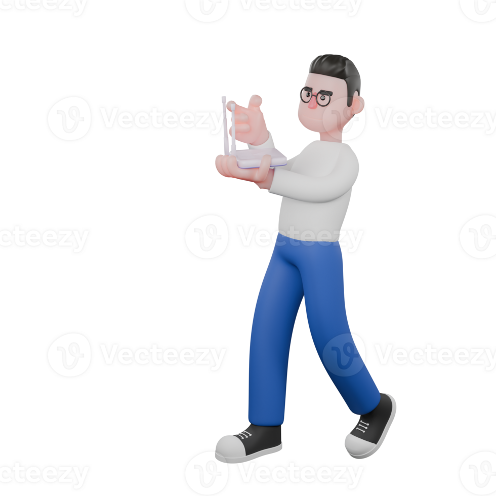 Cartoon Character 3D Model Editor Design. A male editor walks with a wifi in his left hand and his right hand looks like he wants to fix it Professional Model png