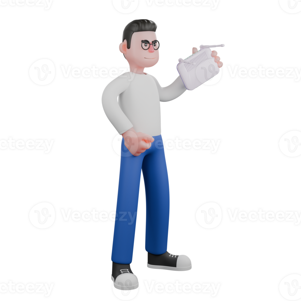 Editor in Cartoon Style 3D Model Illustration. A male editor stands with his left hand holding Wifi and his left hand clenched at his side. Design Character png