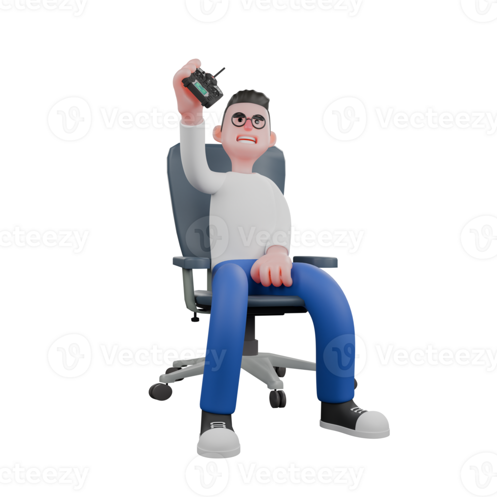 Cartoon Character 3D Model Editor Design. A male Editor sits on a chair with one hand holding a remote control in the air while left hand is on his thigh. Professional Model png