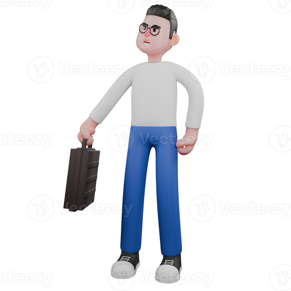 Editor in Cartoon Style 3D Model Illustration. A Male Editor standing with one hand holding a briefcase and the other hand on his hip . Design Character png