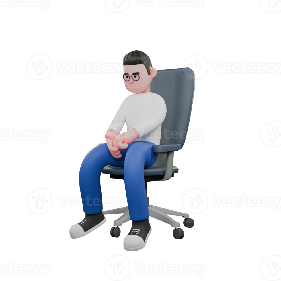 Editor in Cartoon Style 3D Model Illustration. A male editor sits on a chair with both hands together while looking at it, a thinking expression . Design Character png