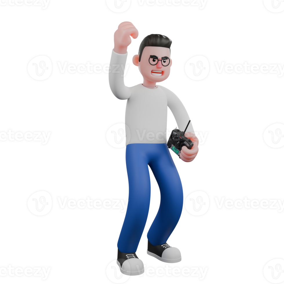 Professional Editing 3D Cartoon Model. A Male Editor standing with both knees slightly bent down, one hand holding a drone remote and the other hand raised up, happy expression . Illustration Design png