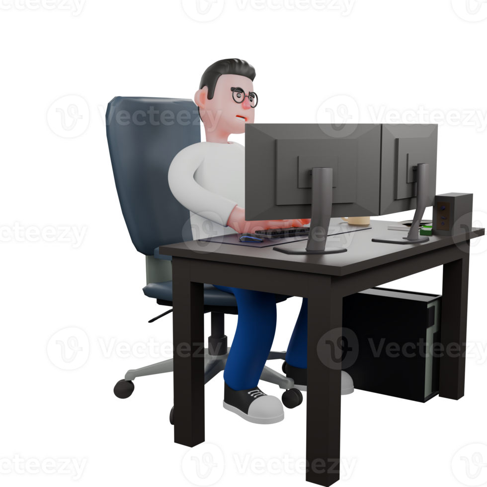 Professional Editing 3D Cartoon Model. A Male Editor sits on a chair with two computers on the desk, listening with a serious expression . Illustration Design png