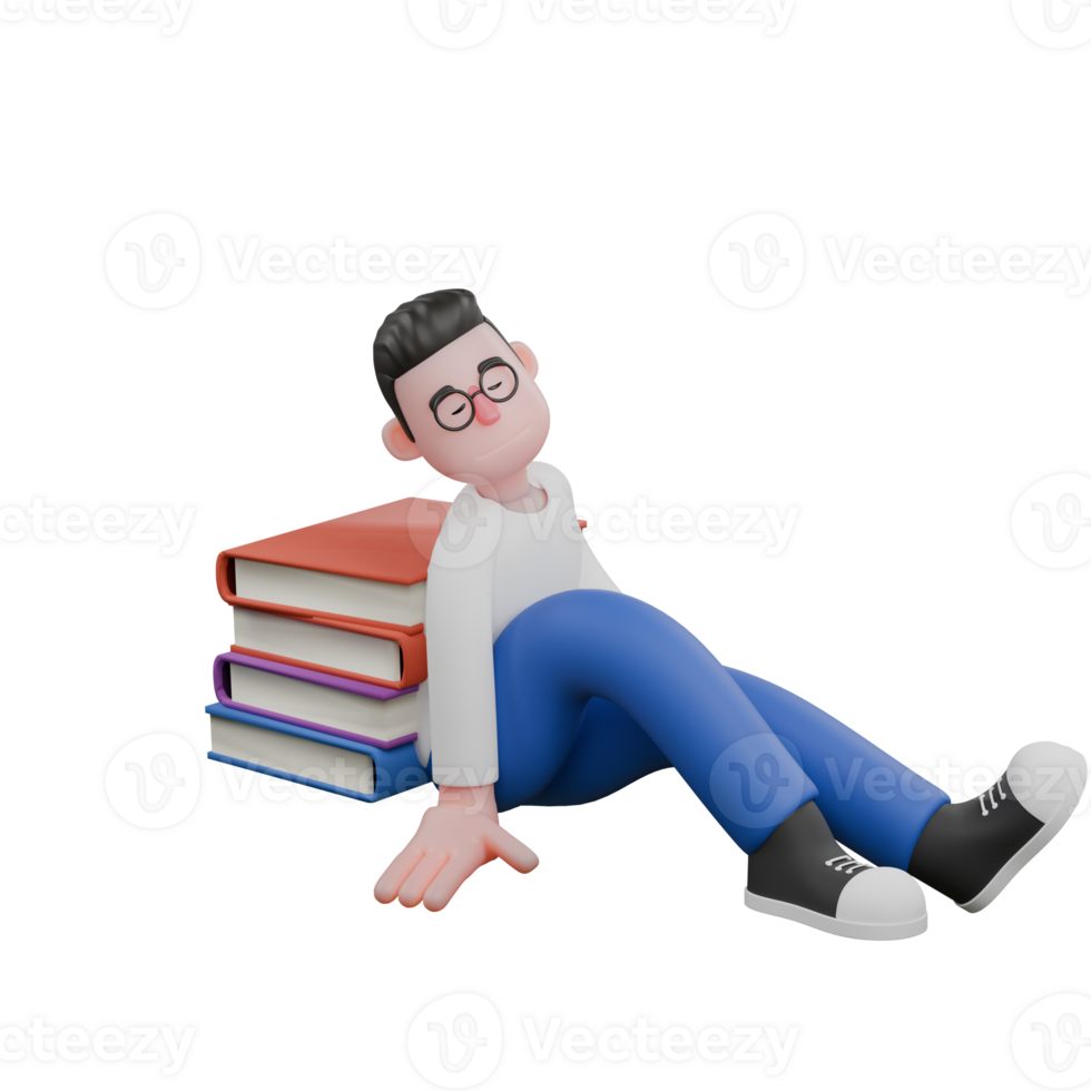 Cartoon Character 3D Model Editor Design. A male editor is leaning on a pile of books, a sleeping expression. Illustration Design png