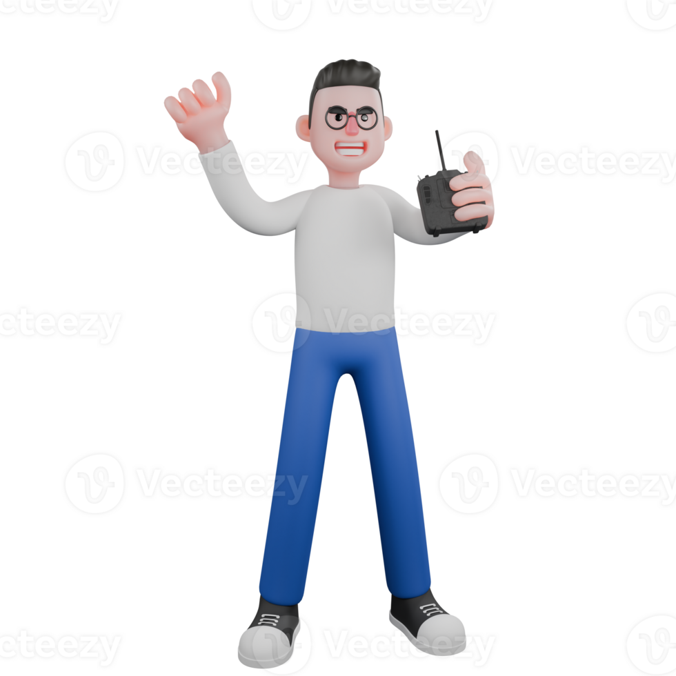 Cartoon Character 3D Model Editor Design. A Male Editor stands with one hand holding the drone remote and the other hand raised up, happy expression. Professional Model png