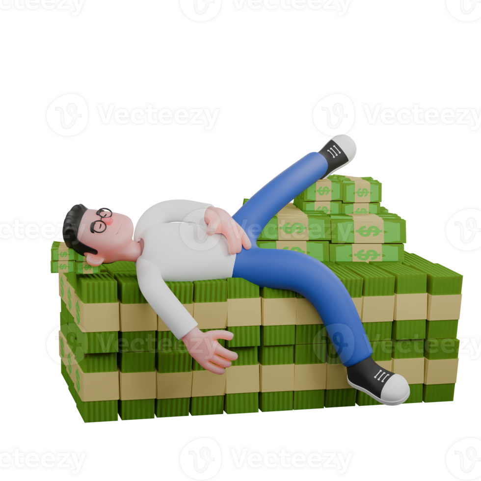 3D Model Cartoon Character for Editing. A male editor is lying on a pile of money with his left hand on his stomach and both legs spread, a tired expression. Design Character png