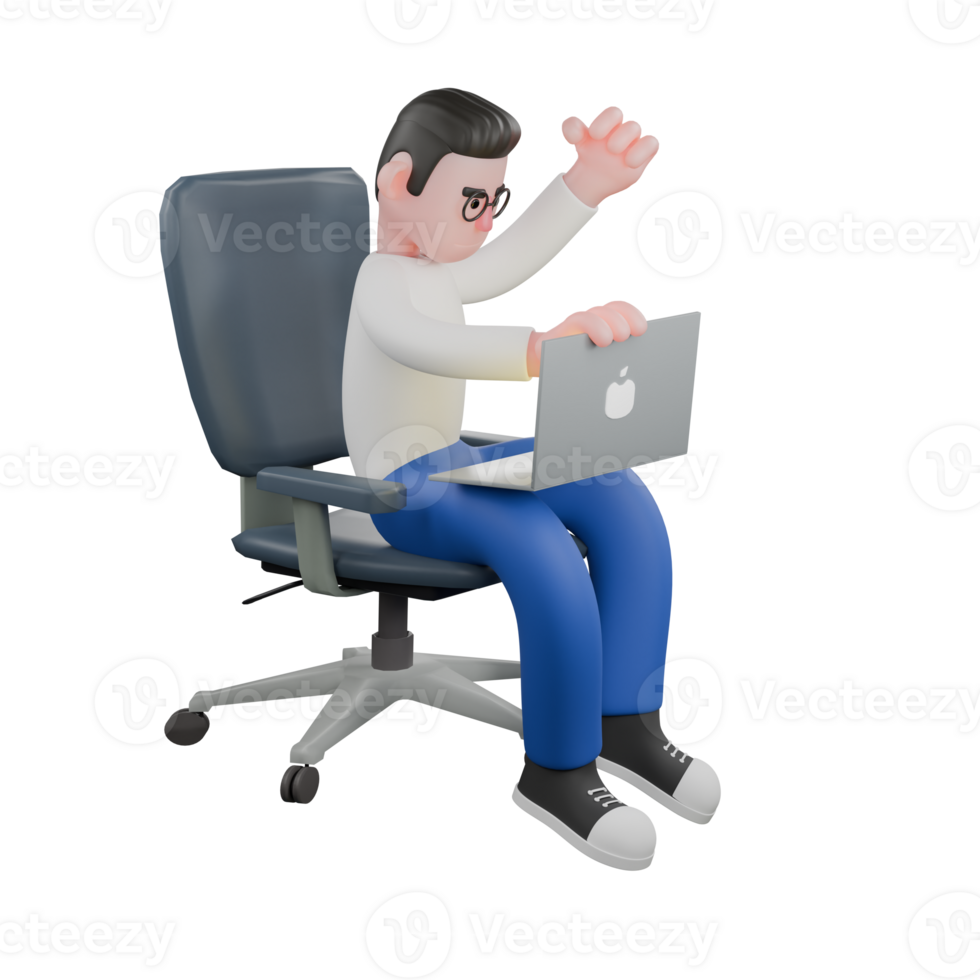 Creative Editor 3D Cartoon Character Design. A Male Editor sits with a laptop on his lap and his right hand holding a question as if he wants to close it. Professional Model. png