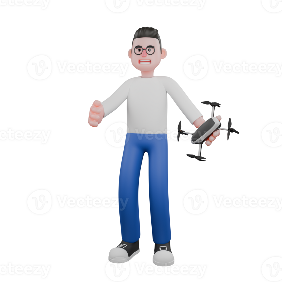 Professional Editing 3D Cartoon Model. A Male Editor stands straight with his left hand holding a drone, a happy expression. Illustration Design png