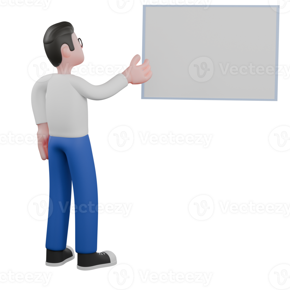 Editor in Cartoon Style 3D Model Illustration. A male editor stands in front of a whiteboard with his right hand extended forward, an expression of explaining. Design Character. png