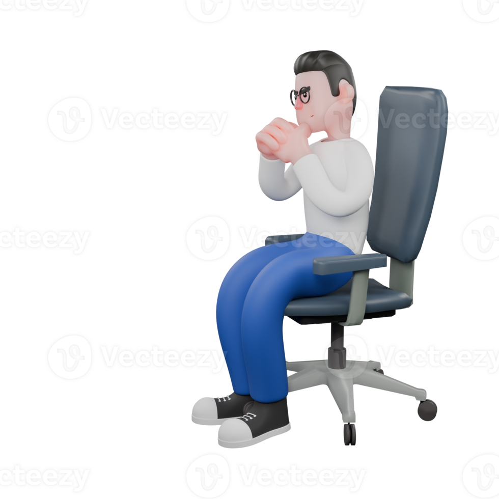 Cartoon Character 3D Model Editor Design. A male editor sits on a chair with both hands clasped under h png